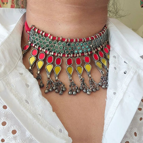 Afghani mirror choker neckline necklace