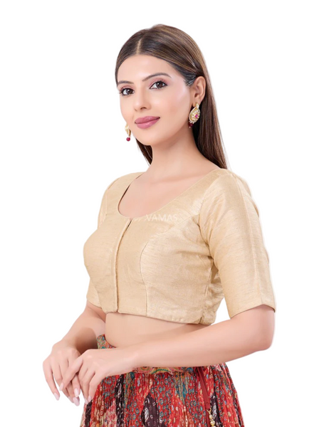 Light Gold Dupion Silk Padded Front Open Elbow Sleeves Readymade Blouse