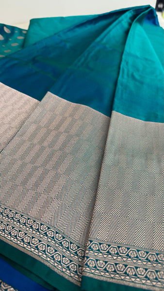 Soft Banarasi Silk Saree Iridescent Peacock Blue With Zari Border