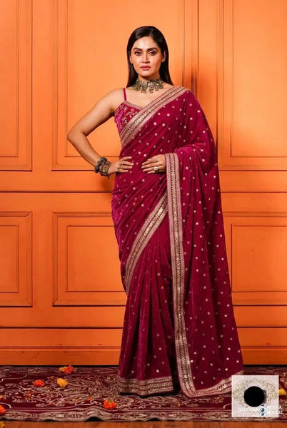 Royal Magenta Pink Velvet Saree