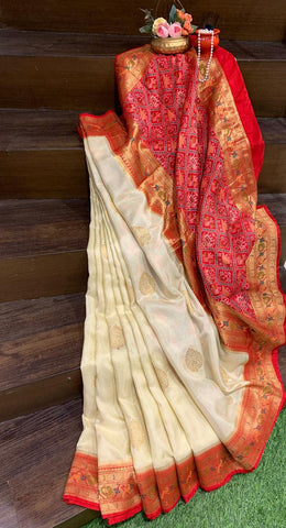 White and Red Muga Silk Saree with Embroidery and Ikkat Border