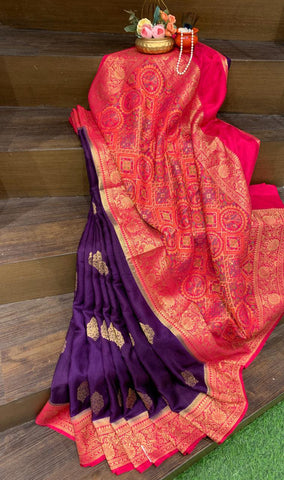 Purple and Pink Munga Silk Saree with Embroidery and Ikkat Border