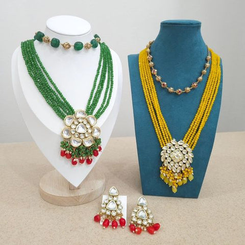 Yellow Onyx Multi Layered Kundan Long Mala Rani Haar Necklace Earrings Set