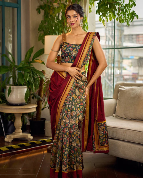Dark Green Kalamkari Printed Chanderi Saree with Maroon Khun Pallu