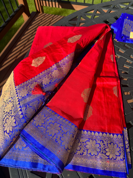 Tomato Red Soft Banarasi Pattu Katan Silk Saree with Zari weaves with Deep Navy Blue Border