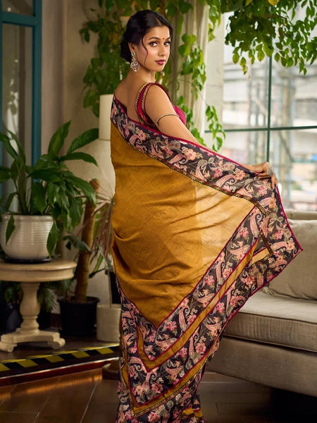 Mustard Kalamkari Print Chanderi Saree with Navy Blue Indigo Border