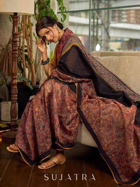 Rust-Brown Chanderi Kalamkari Floral Chanderi Saree with Contrast Black Pallu