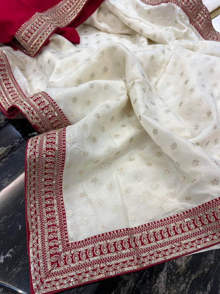 Off-White and Red Georgette Chiffon Zardosi Saree