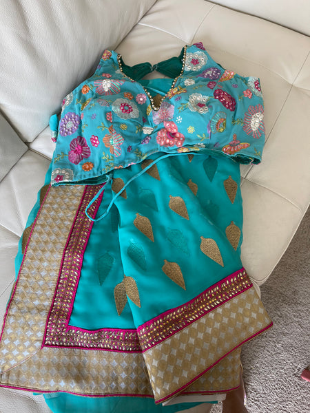 TURQUOISE BLUE GEORGETTE BLOUSE with Blue Georgette Chiffon Saree