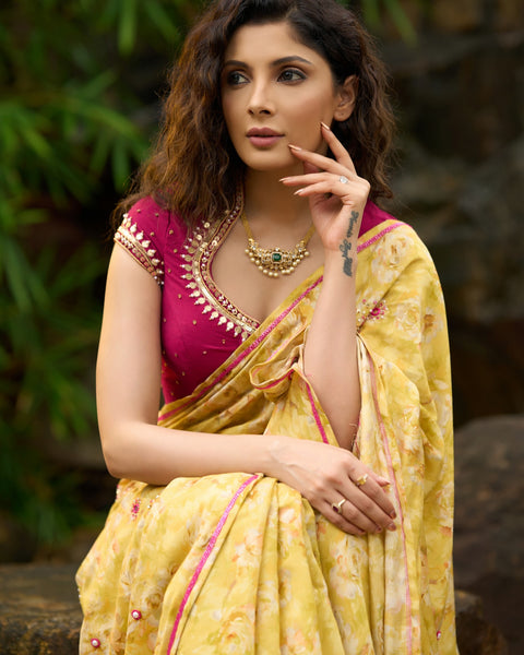 Yellow Floral Printed Saree