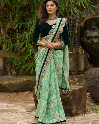Emerald green floral printed saree