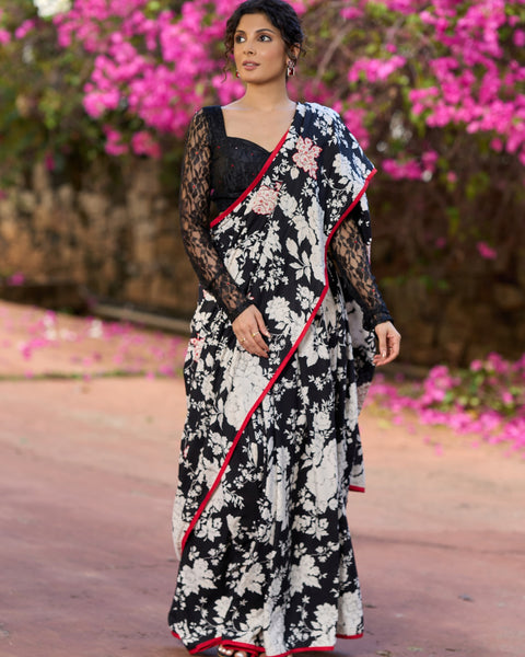 Black Floral Printed Cotton Saree