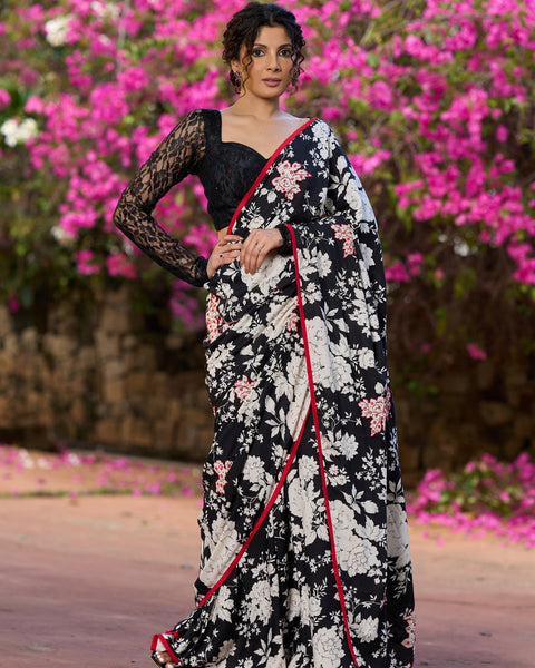 Black Floral Printed Cotton Saree