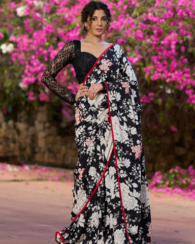 Black Floral Printed Cotton Saree