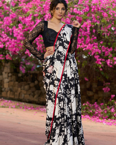 Black Floral Printed Cotton Saree