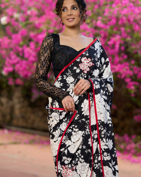 Black Floral Printed Cotton Saree