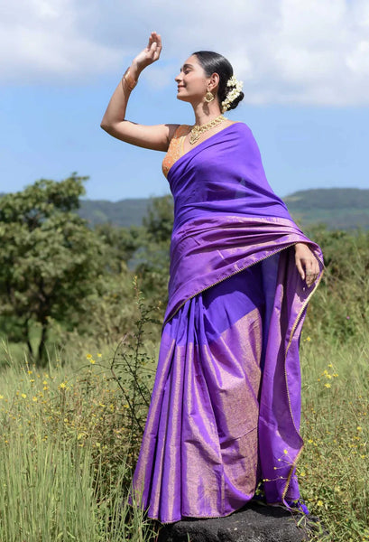 Blue and gold half-and-half saree with gold scallop lace