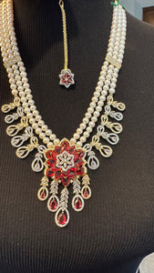 Natural Freshwater 3 Piece White Real Pearl Set with CZ 3D Flower Teardrop Design