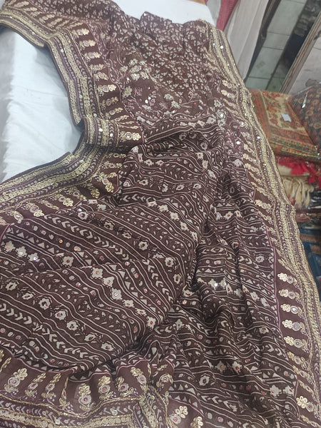Bollywood Kareena Kapoor Chocolate Brown Georgette Block Print Silk Saree with Embroidery