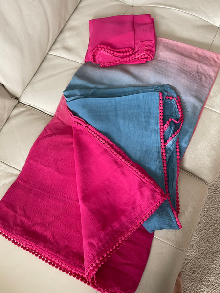 Pastel Blue Pink Multicolored Pure Georgette Chiffon Alia Bhatt Saree