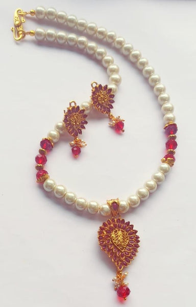 Pearl Necklace with Ruby Gold Plated Pendant Necklace with Earrings