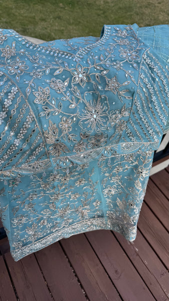 Sky Blue and Silver Embroidered Net Lehenga