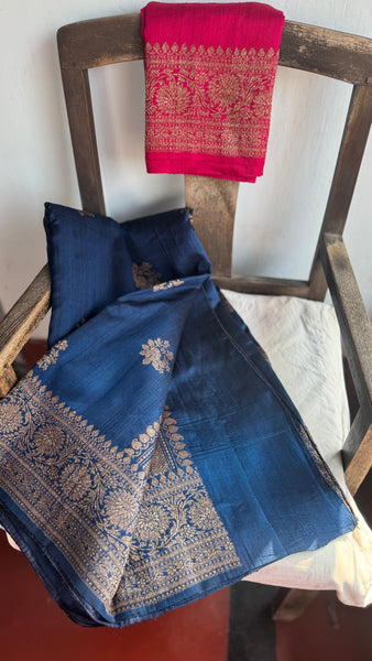 Deep Blue Banarasi Tussar Silk Saree with Antique Zari!