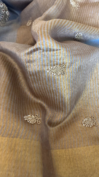 Dual Tone Grey Silver Gold Tone Tissue Linen Saree