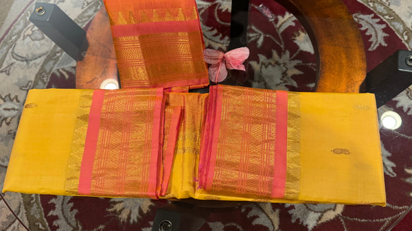 Yellow and Coral Pink Pure Silk Handloom Gadwal Saree