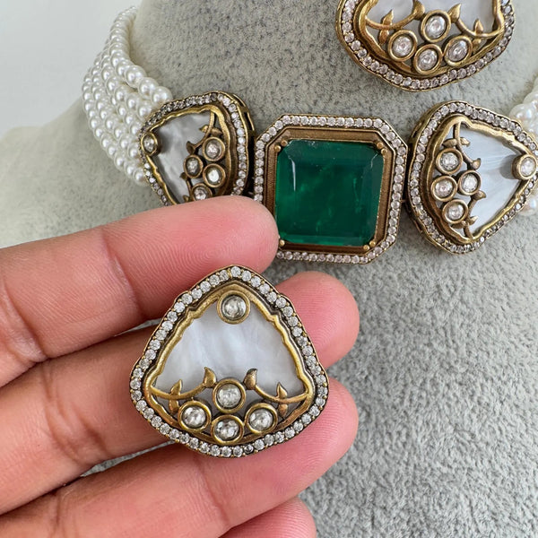 Green Victorian Doublet Kundan CZ diamond choker Necklace