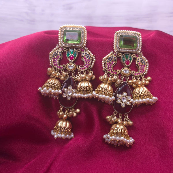Long Gold Green Jhumka Jhumki Fusion Earrings