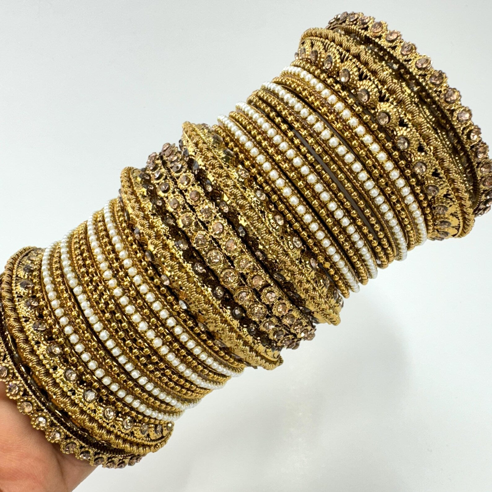 Stone Pearl Dull Gold Finished Bangles Set