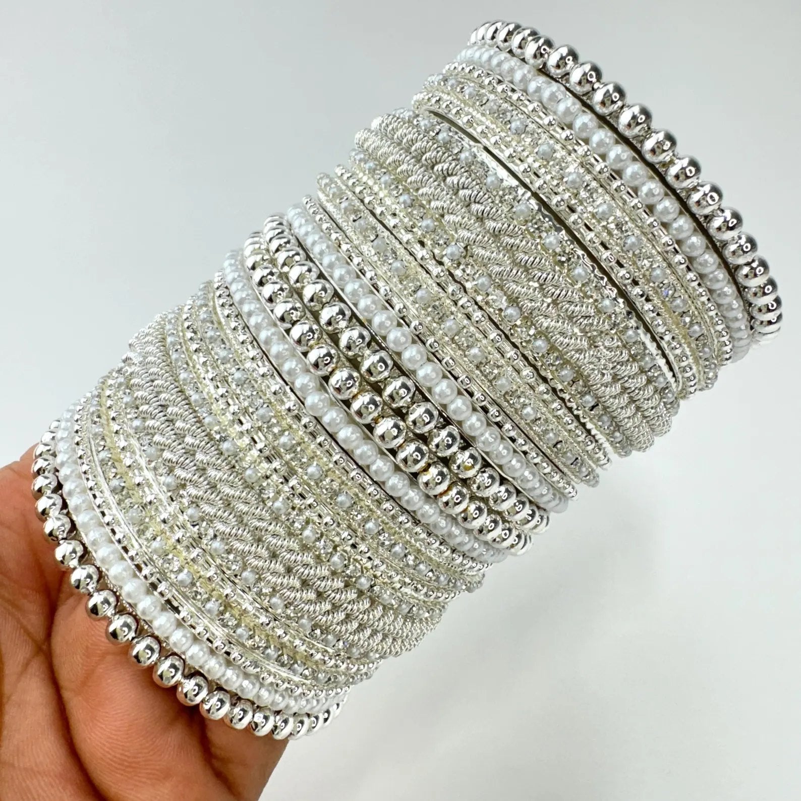 Stone Pearl Silver Finished Bangles Set