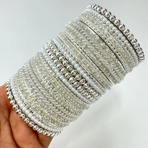 Stone Pearl Silver Finished Bangles Set