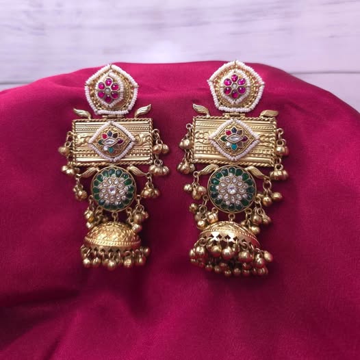 Long Gold Green Ruby Jhumka Jhumki Fusion Earrings