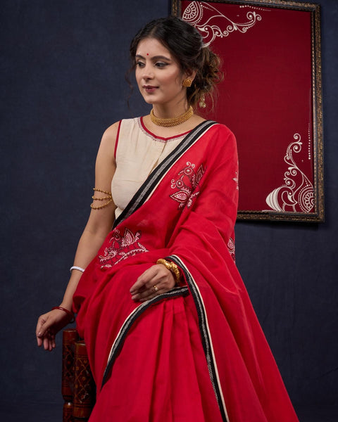 Red Handpainted Bengal Cotton Saree
