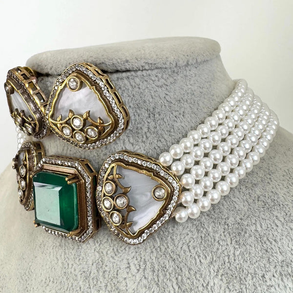 Green Victorian Doublet Kundan CZ diamond choker Necklace