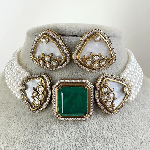 Green Victorian Doublet Kundan CZ diamond choker Necklace
