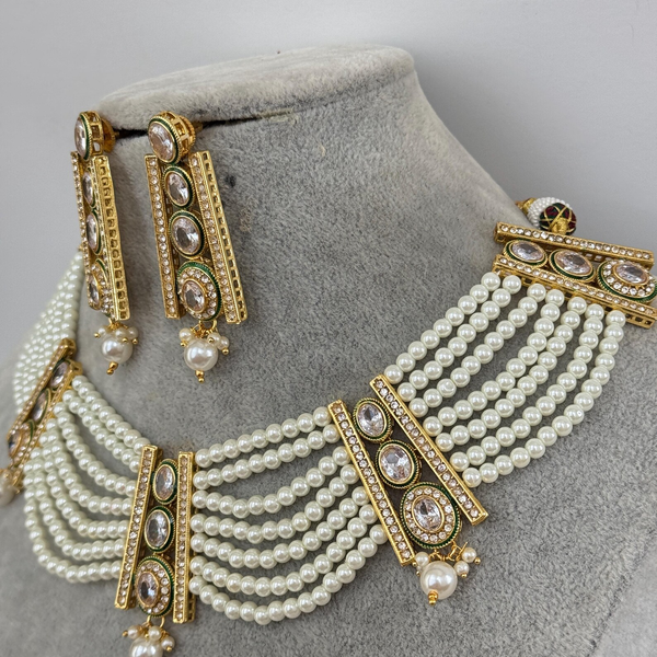 White Meenakari uncut kundan Cz Pearl Choker necklace