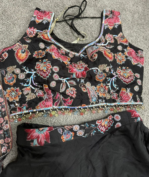 Black Floral Embroidered Lehenga in Georgette