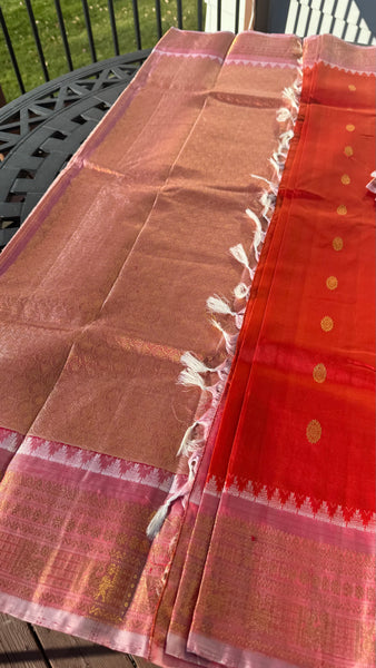 Rust Orange and Baby Pink Pure Silk Handloom Gadwal Saree
