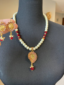 Pearl Necklace with Ruby Gold Plated Pendant Necklace with Earrings