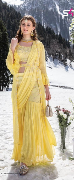 Yellow Silk Chanderi Kurta Sharara Set