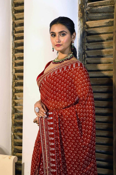Bollywood Kareena Kapoor Coral Brick Red Chiffon Block Print
