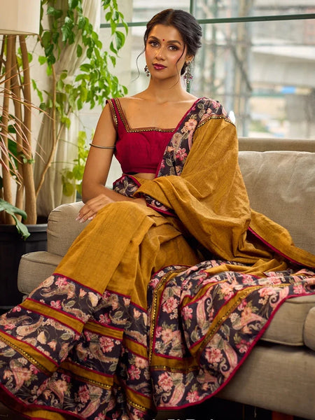 Mustard Kalamkari Print Chanderi Saree with Navy Blue Indigo Border