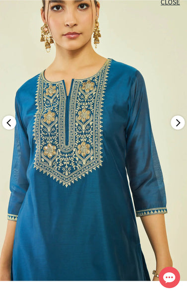 Blue Chanderi Floral Embroidered Straight Kurta with Sequin Details