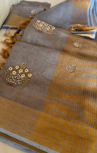 Dual Tone Grey Silver Gold Tone Tissue Linen Saree