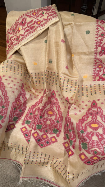 Reddish Maroon Handwoven Pure Tussar Silk Jamdani Saree