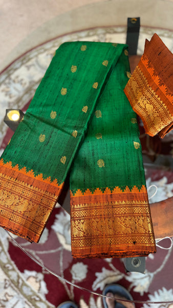 Green and Orange Pure Handloom Raw Gadwal Silk Saree