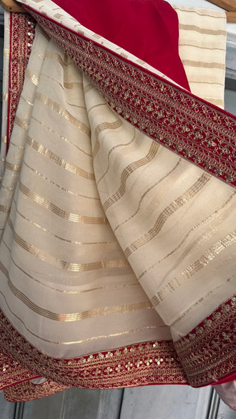 White and Red Georgette Chiffon Zardosi Saree